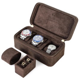 Contact's family Multifunctional Vintage Genuine Leather Portable 3 Watch Case with Interchangeable Pillow for Men and Women Watches