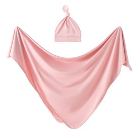 Jastore Baby Swaddle Receiving Blankets with Matching Beanie Set Newborn Nursery Swaddle Wrap for Baby Girls and Boys(Pale Pink)