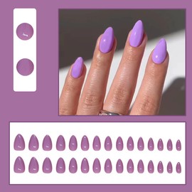 30 Pcs Spring Press on Nails Extra Short Almond - LINMEIZAI Short French Tip Fake Nails Press ons Nail Tips Glue on Nails Full Cover Acrylic Nail Kit False Nails Pure Purple Nail Art Design for Women