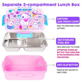 YOYTOO Stainless Steel Bento Lunch Box for Kids, 800ml / 27oz BPA-Free Leak-Proof Food Containers with 3 Compartments, Freezer & Dishwasher Safe, Size for Ages 3-10 Back to School Students Lunches