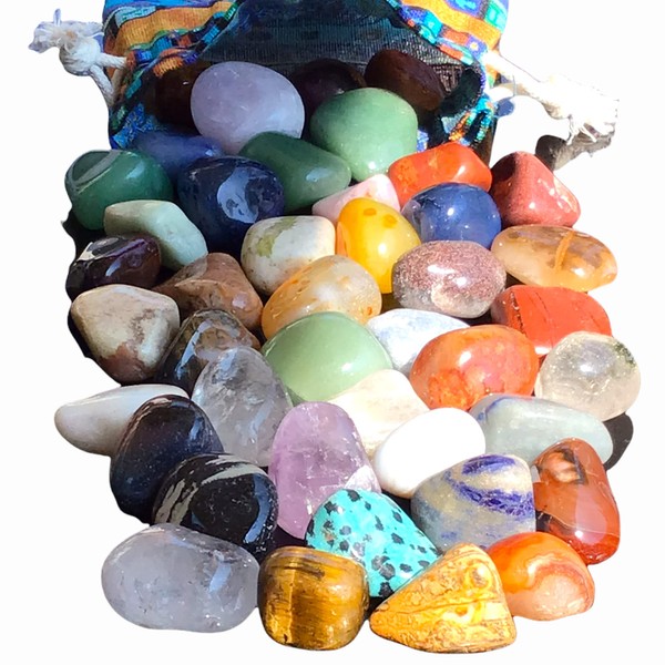 Steinfixx® - Tumbled Stone Set in Colourful Fabric Bag | Filled with Gemstones and Semi-Precious Stones | Undyed Stones | Many Variations | (Tommelstein Mix M, 500 g)