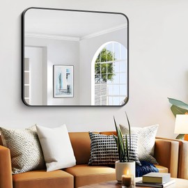 CIVENO Bathroom Mirror, 48 x 40 inch Black Rectangle Wall Mirror, Metal Frame Rectangular Vanity Mirror, Rounded Corner Wall Mounted Mirror for Modern Bedroom Living Room Hangs Horizontal/Vertical