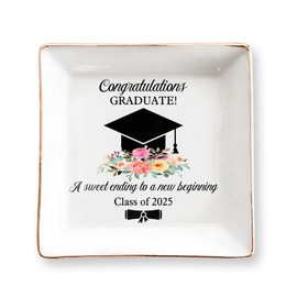 Graduation Gift for Her 2025– 4" Ceramic Jewelry Tray Dish with Cap & Flowers– Class of 2025 Gift for Daughter, Sister, Friend– High School, College or University Graduate Keepsake, Jewelry Dish Gift