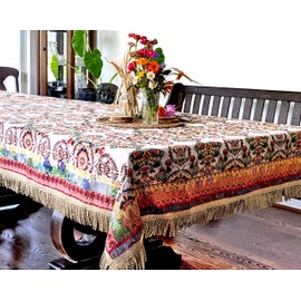 Tache Elegant Ornate Ivory Colorful Paisley Square Tapestry Tablecloth with Tassels, 35x35