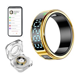 Smart Ring Fitness Tracker - Heart Rate & Blood Oxygen Monitor, Sleep & Activity Tracking, Gesture Control, IP68 Waterproof, Rechargeable Charging Case, No Subscription, for iOS & Android(Glold 12)