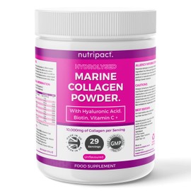 Hydrolysed Marine Collagen Peptides Powder with Hyaluronic Acid, Biotin, Vitamin C & B Vitamins – 10,000mg Collagen – Type 1 & 3 Pure Naticol >99%, Odourless, Unflavoured (300g) - Nutripact