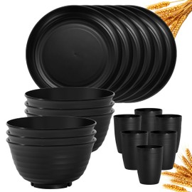 Klickpick Home 18 Pieces wheatstraw Dinnerware Set with 6 Each of Dinner Plates Cereal Salad Bowls Cups Unbreakable Modern Dinner Set for Microwave Dishwasher Safe Reusable Black