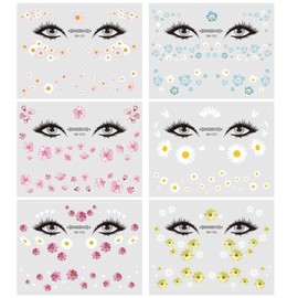 6 Sheets Temporary Tattoos Flowers, Makeup Stickers, Face Tattoo, Festival Tattoos, Spring Carnival, Shimmer Glitter Tattoo Stickers for Women, Teenagers, Girls, Face Body Art