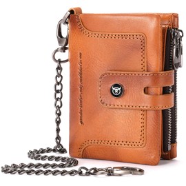 BULLCAPTAIN Bifold Mens Wallet with Chain Genuine Leather RFID Blocking Wallets Removable Zipper Coin Purse with ID Window, yellowish brown, Retro Fashion