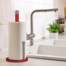 Relaxdays Standing Kitchen Roll Holder, Metal Roll Holder with Roll Stop, H x D 35 x 15 cm, Red/Silver