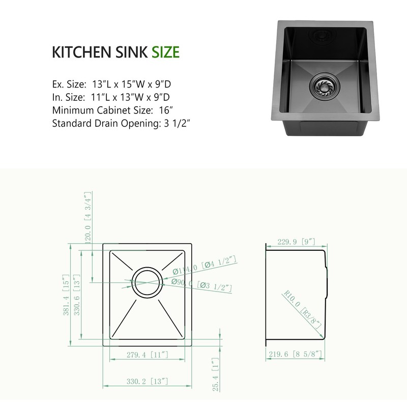 13x15 Undermount Bar Sink, Swift Horse 13 Inch 16-Gauge Black