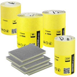 MatMax set of: 60G - 4.5m (Caorse) + 80G - 10m (Medium) + 120G - 10m (Fine) + 220G -5m (Very Fine) KLINGSPOR (Germany) Aluminium Oxide Sandpaper Rolls + 5x Abrasive Sponge