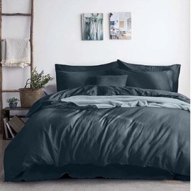 Royal Tradition Belgian Flax Linen-Cotton Blend 5PC Bed Set Includes: Sheets Set with a Duvet Cover Set, Pre-Washed Linen Cotton, Breathable Percale Weave 150 GSM (Twin XL Size, Charcoal)