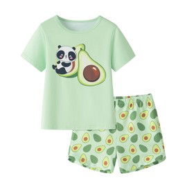 UNICABBIT21 Pajamas for Girls Summer Green Avodado Pandas Short Sleeve and Short Pants PJS Set Big Kids Loungewear Size 14