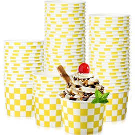 Zopeal 50 Count Checkered Ice Cream Cups Disposable 9 oz Paper Ice Cream Bowls Snack Cups Race Car Birthday Party Supplies Sundae Picnic Dessert Yogurt Bowls Plaid for Food (Yellow)