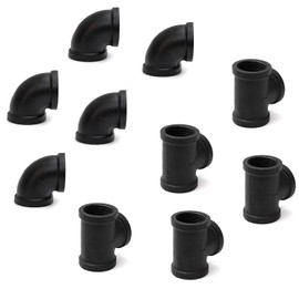 Home TZH 1" Black Pipe Fitting Tee & Elbow, 10 Pack Threaded Cast Iron Elbow/Tee for Steampunk Vintage DIY Pipe Decor Project/Furniture/Shelving Decoration (10, Black 1Inch (5 Elbows, 5 Tees))