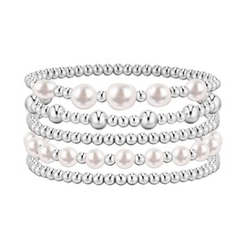 Umimiss Beaded Bracelets for Women Gold or Silver-Beaded Bracelets,Silver Bracelet for Women,Gold Bead Bracelet,Stretch Bracelets Plated Natural Pearl,Stackable Stretch Bead Ball Bracelet Set Jewelry