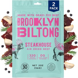 Brooklyn Biltong Air Dried Grass Fed Beef Snack, South African Beef Jerky (2 oz, Pack of 2) - Whole30 Approved, Paleo, Keto, Gluten Free, Sugar Free, Made in USA - (Garlic Steakhouse)