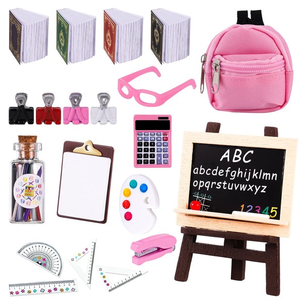 Xinzistar 16pcs Doll School Supplies 1:12 Scale Doll Accessories Mini Dollhouse Accessories Include 11 Kind of Miniature School Supplies For Girls Gift