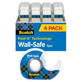 Scotch Wall-Safe Tape, 4 Dispensered Rolls, Sticks Securely, Removes Cleanly, Invisible, Designed for Displaying, Photo Safe, 3/4 in x 650 in (4183)