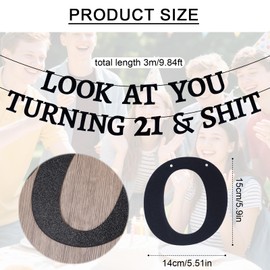 BOXOB Look at You Turning 21 Banner, Pre-Strung Black Glitter Happy 21st Birthday Banners Funny 21 Years Old Party Decoration for Women Men