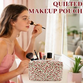 URSKYTOUS Cotton Floral Large Cosmetic Bag Flower Puffy Cute Makeup Organizer Coquette Aesthetic Travel Makeup Pouch Portable Zipper Toiletry Storage Bag for Women Girls (Red)