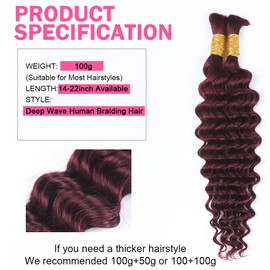 Human Braiding Hair for Boho Braids Burgundy Deep Wave Bulk Human Hair for Braiding 16 Inch 2 Bundle 100G #99J Wet and Wavy Curly Red No Weft Bundles