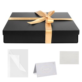 Gift Box Set, Black Gift Box with Lids Large Gift Box with Ribbon 31 x 22 x 6 cm Gift Box Tissue Paper Greeting Cards for Christmas Birthday Wedding Anniversary