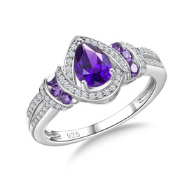DAYBYDAY Pear Shaped Engagement Ring 925 Sterling Silver Amethyst Ring February Birthstone Ring with Diamonds Purple Rings for Women Size 5