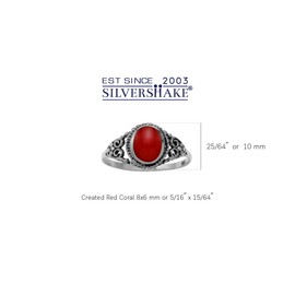 Silvershake 8X6mm Created Oval Shape Red Coral Inlay 925 Sterling Silver Filigree Victorian Style Ring Gemstone Jewelry Size 7