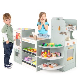 HONEY JOY Kids Grocery Store Playset, Wooden Play Store w/Coffee Maker & Vending Machine, Toddler Supermarket Checkout Stand w/Cash Register, Display Shelves, Play Food, Grocery Store Pretend Play