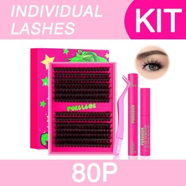 PURELEOR Lash Clusters Kit Fluffy 50D 80D 100D 150D Individual Lashes D Curl Cluster Eyelash Extensions 10-16mm DIY Thick False Eyelashes Kit with Lash Bond and Seal Waterproof, Lash Applicator:_80D-Kit