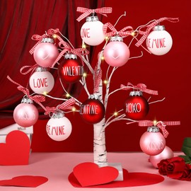 VIHOSE 24 Inch Lighted Birch Tree with 2.36" Seasonal Hanging Ornaments, 12 Valentines Day Ornaments 12 St Patricks Day Ornament 12 Easter Ornament, Artificial Tree for Table Home Party(37 Pcs)