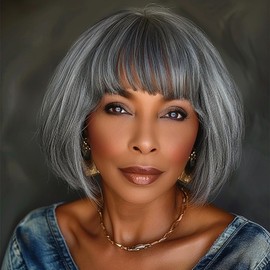 soul lady Trendy Salt and Pepper Short Straight Bob Wig with Bangs Real Human Hair Glueless Wigs For Seniors Silver Gray Wear and Go Bob Wig Non Lace Bob Wig Human Hair with Bangs Grey 10 Inch