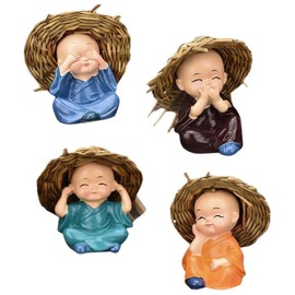 Brazilian Wood Plant 4PCS Baby Buddha Statue, 2x2.4 Inch Resin Mini Brazil Lucky Wood with Straw Hat, Cute Monk Buddha Decor for Potted Plants, Car Dashboard, Home, Office, Table