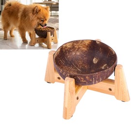 Dog Bowl for Cats and Small Dogs - All-Natural, Polished Coconut Shell Bowl with Wood Stand - Elevated/Raised 5-inch Total Height - Food-Contact Suitable