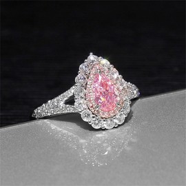 925 Sterling Silver Shiny Full Diamond Gemstone Ring 18K Gold Teardrop Pink Cubic Zirconia Cocktail Ring CZ Diamond Multi Row Promise Rings Eternity Engagement Wedding Ring for Women A.7 (US Code 9)