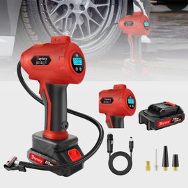 Bowoshen Tire Inflator Portable Air Compressor,Portable Car Tire Inflator,Cordless Car Tire Pump,Rechargeable Battery Powered Air Compressor with 12V DC Adapter&Digital Pressure Gauge,Red