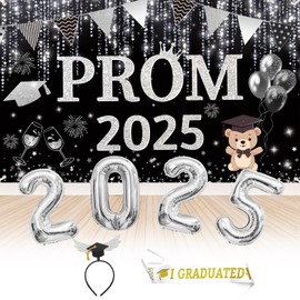 Iridsmole Prom Decorations 2025, Graduation Decorations 2025, Silver Graduation Banner with Balloons Graduations Sash Headband, Prom Party Decoration for High School Class of Proms Party Decoration