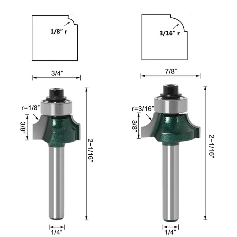 Gasea 4pcs 1/4" Shank Round Over Edging Router Bit Set,