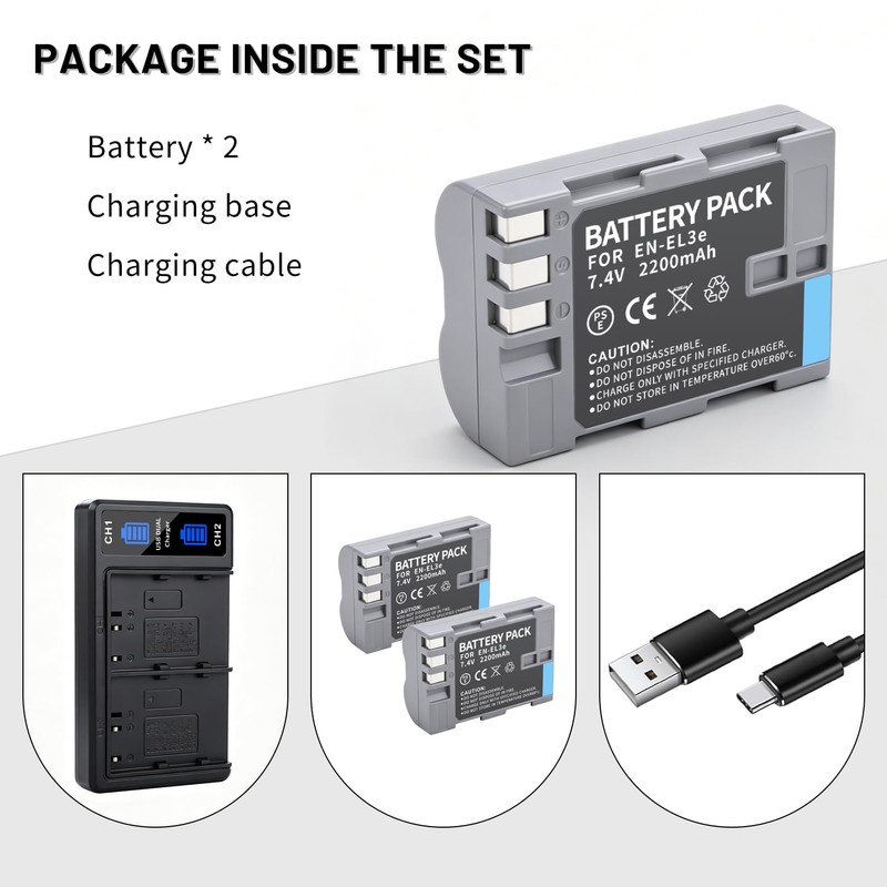 2-Pack EN-EL3e Battery with Dual Charger for Nikon D50 D70