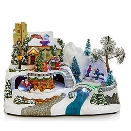 Premier Large LED Light Up Christmas Animated Traditional Village Snow Scene with Three Rotating Turntables - Santa Sleigh & Skaters - 24cm Wide