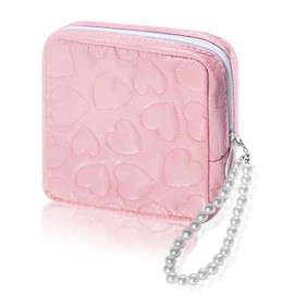 Love Makeup Bag with Pink Pearl Chain Cosmetic Bag PU Quilted Bag Zipper Travel Makeup Bag Y2k Tool Pouch Pencil Pouch Multipurpose Storage Make up Bag Pink Pouch Small Bag for Girls Womens
