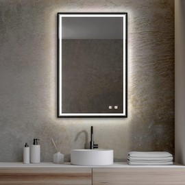 MIRTHIE 24"x 32" LED Bathroom Mirror with Black Frame, Stepless Dimmable, Anti-Fog, Shatter-Proof, Memory, 3 Colors, Double LED Vanity Mirror