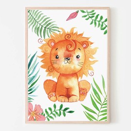 Pompom Prints® Jungle Safari Animal Nursery Picture Prints A4 Poster for Baby Boy or Girl [Picture Frames NOT Included] (Lion, Sloth, Monkey, Snake, Zebra Giraffe) (6 set - All Animals)