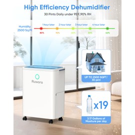 RUWORA Dehumidifier, 30 Pints Dehumidifiers for Home, 1500 Sq.ft Dehumidifier for Basement, 0.52 Gallon Water Tank, 24H Timer, Dehumidfier with Drain Hose for RV Bedroom Bathroom Office