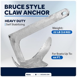 Five Oceans FO341 Bruce Style Claw Anchor, 22 Lb / 10 Kg Hot Dipped Galvanized Steel Boat Anchor, for Pontoon, Fishing Boats, Bass Boats, Sport Boats, Sportyachts, Sailboats