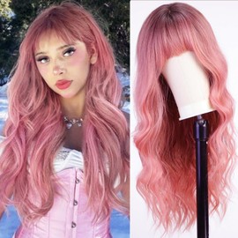 KOME Ombre Pink Wavy Wigs for Women,Long Wavy Wig with Bangs,Curly Natural Looking Synthetic Heat Resistant Fiber Wig for Party Cosplay Daily Use 26IN…