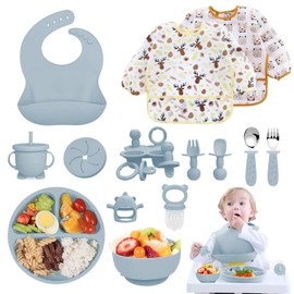 Silicone Baby Feeding Set, 14 Pcs Baby Led Weaning Supplies, Baby Spoons & Forks Suction Bowl Divided Plate Bib Cup, First Stage Solid Food Eating Utensils - 6+ Months (Blue)