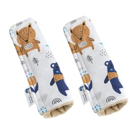 Medi Partners Pack of 2 Seat Belt Pads, Shoulder Pads for Car, 17 x 22 cm, Baby, 100% Cotton, Minky, Double-Sided Car Belt, Belt Protection, Sports Pram, Scrub (Boho Animals with Beige Minky)